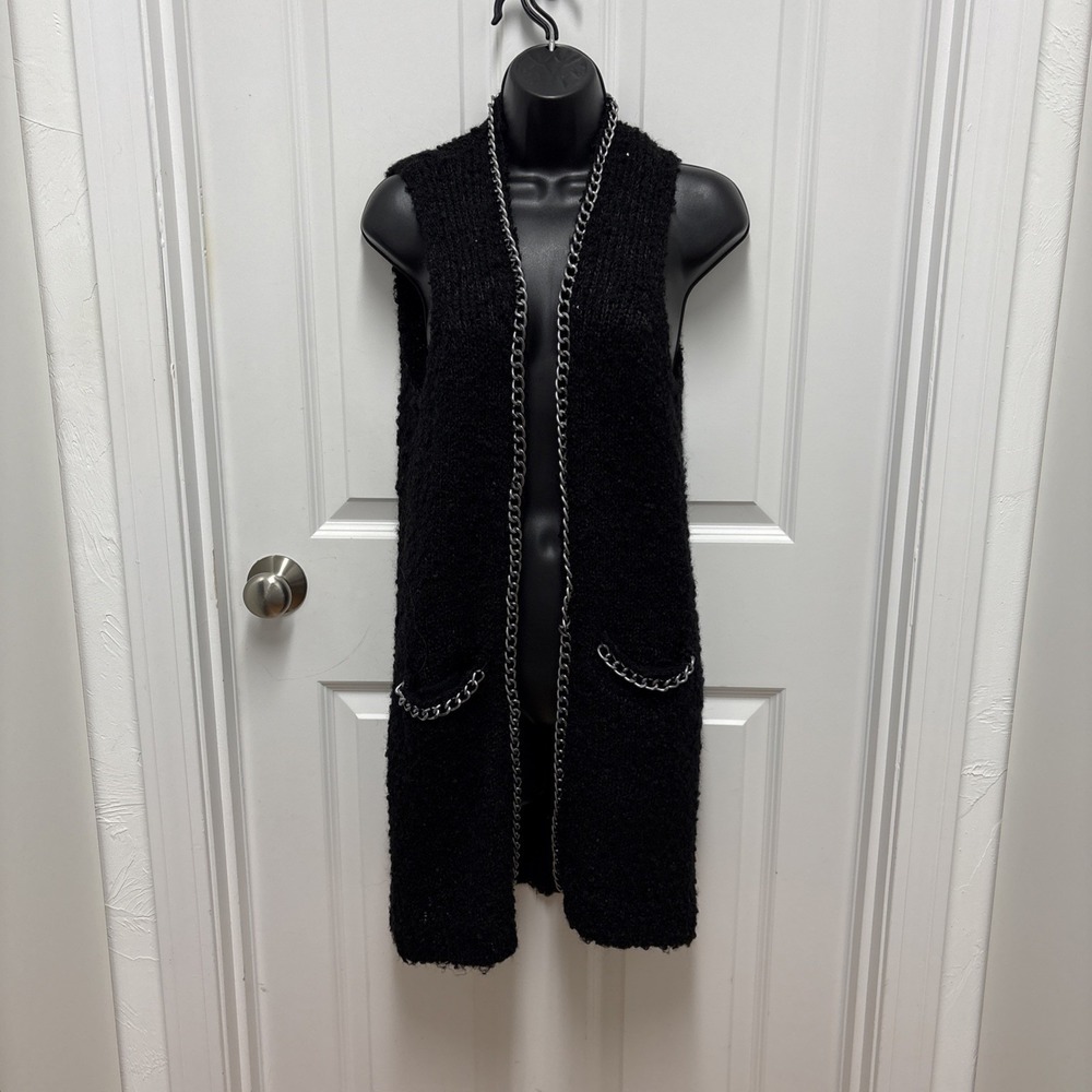 Custo Barcelona Black Sleeveless Cardigan Vest‎ With Chain Trim Detail